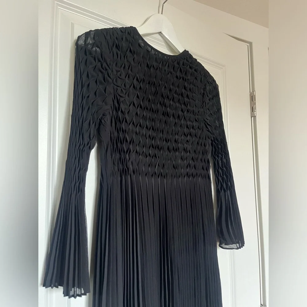 Topshop Black Diamond Pleated Black Dress with Bell Sleeves